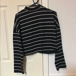 Black and White Striped Women's Cropped Top with Mock Neck